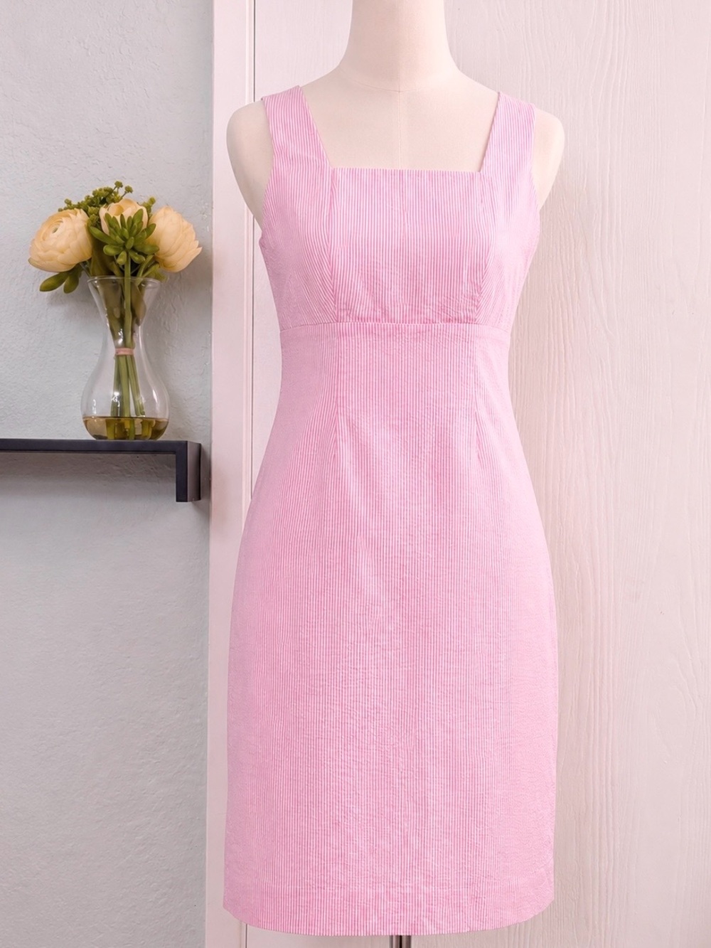 J. Peterman Pink White Seersucker Cotton
Sheath Dress Size 6 Summer Preppy